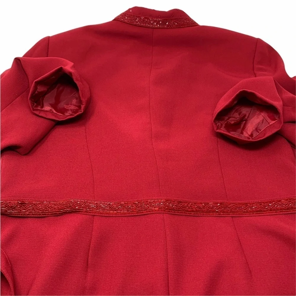 Vintage Emily… Embellished Trim Long Belted Blazer Red Sz 16 Notch Lapel Button